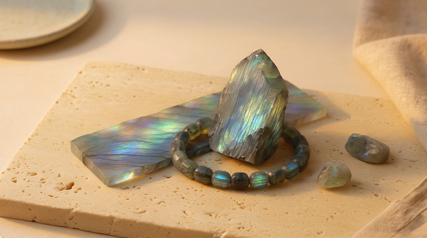 Natural Labradorite stone — polished specimen showing characteristic colour and texture